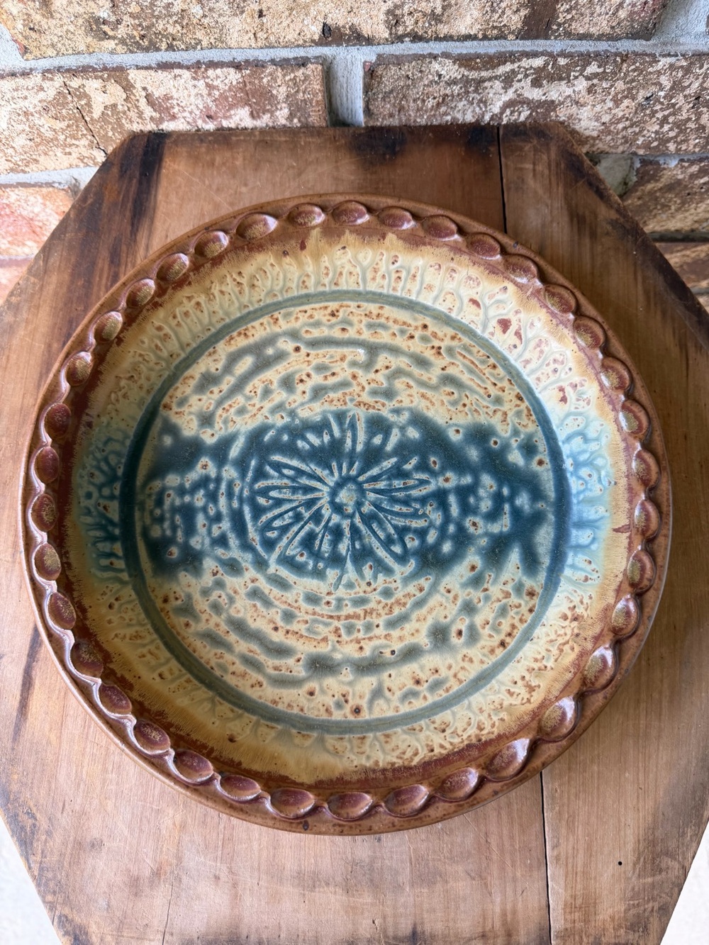 Fitzgerald Pottery Pie Plate 10” Micro Oven Dishwasher Safe Tan/Blue Gorgeous!